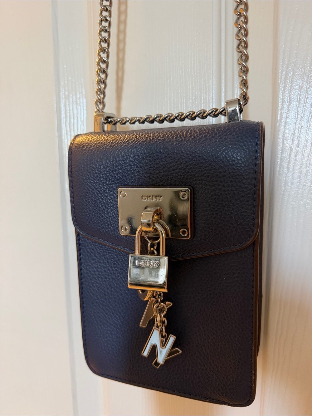 DKNY Navy Pebbled Leather Chain Crossbody with Gold Padlock Charm